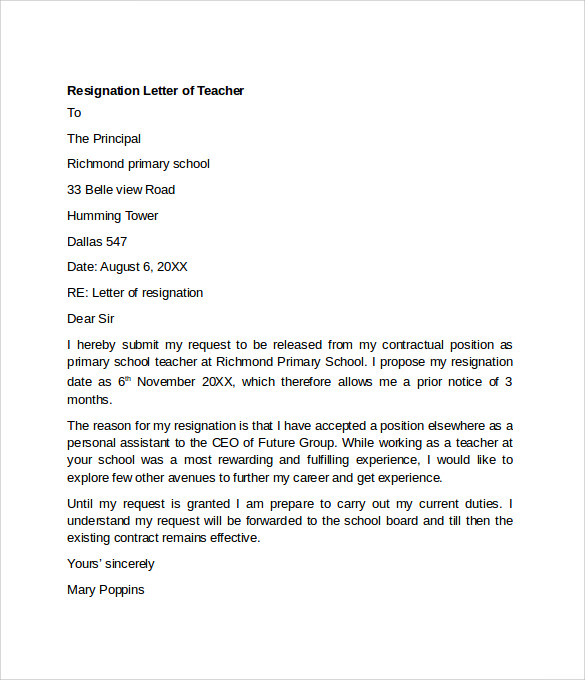 resignation letter of teacher1
