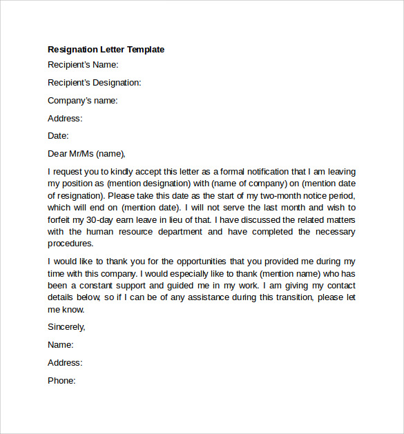 6 Free Sample Resignation Letter Template SampleTemplatess 