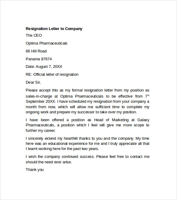 resignation letter to company