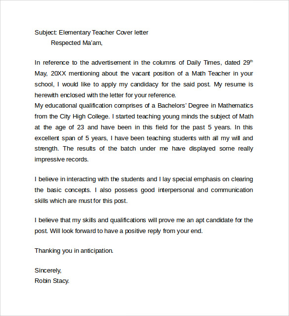 FREE 6+ Teacher Cover Letter Templates in PDF MS Word