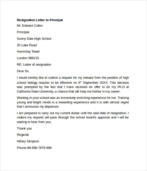 resignation letter to principal