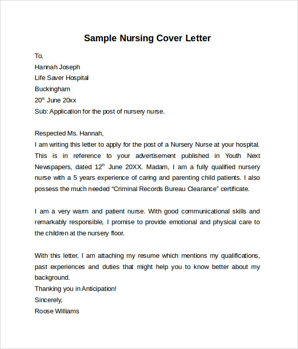 10 Nursing Cover Letter Template Samples Examples Formats Sample Templates