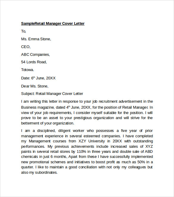 FREE 9+ Sample Retail Cover Letter Templates in PDF | MS Word