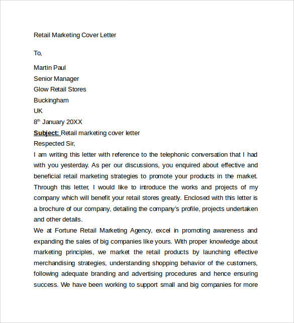 retail marketing cover letter