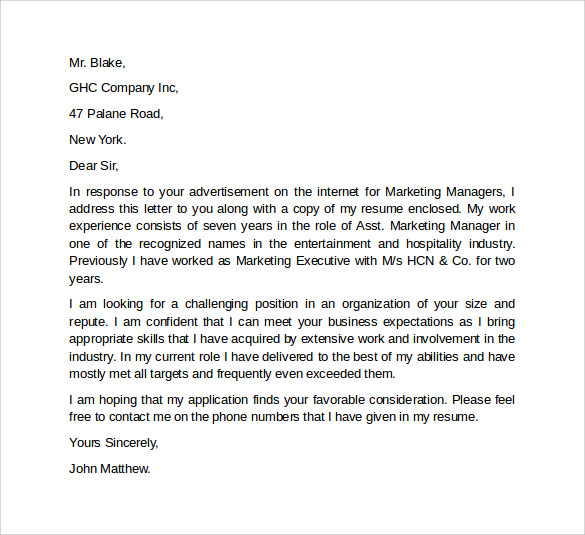 cover letter of marketing executive