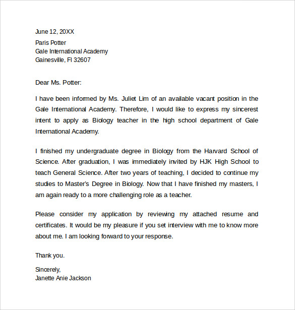 Cover letter for relocating teacher