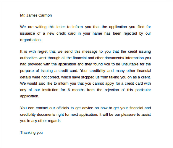 credit card rejection letter