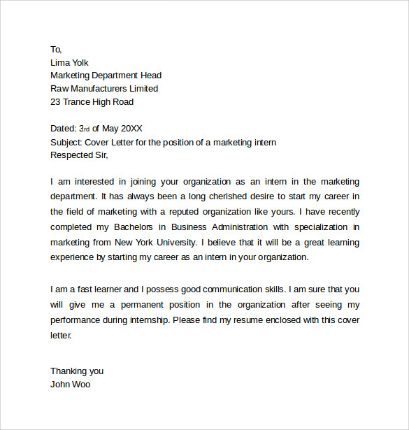 marketing internship cover letter template