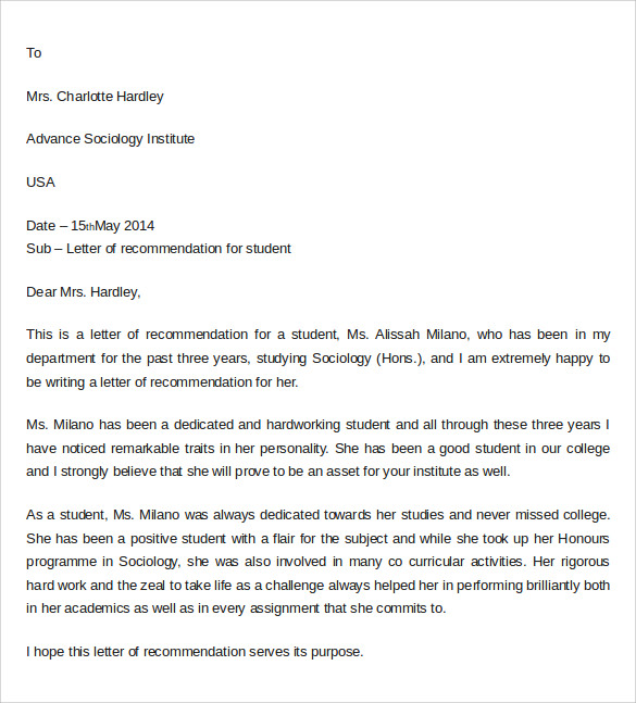 letter of recommendation for college format example