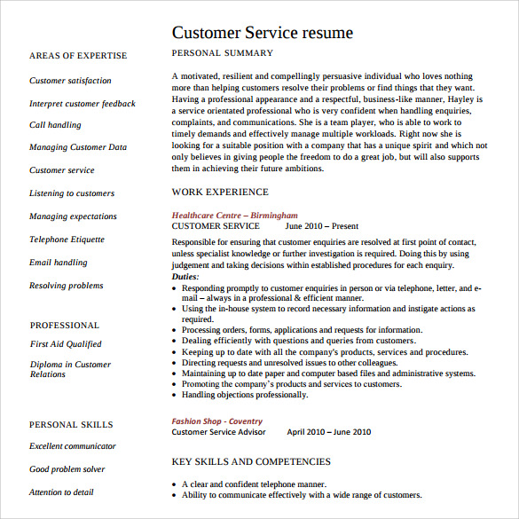 resume template word customer service