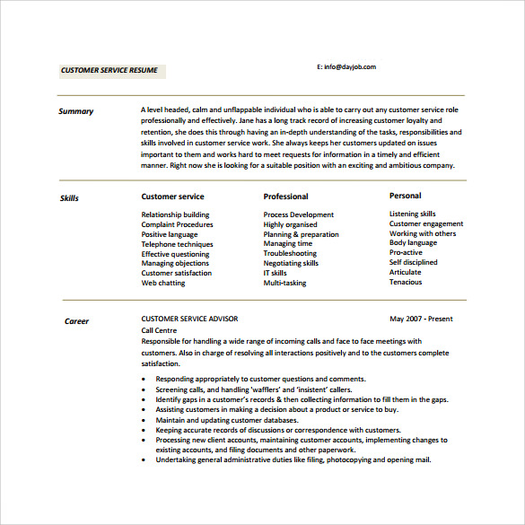 Free 10 Sample Customer Service Resume Templates In Pdf Ms Word