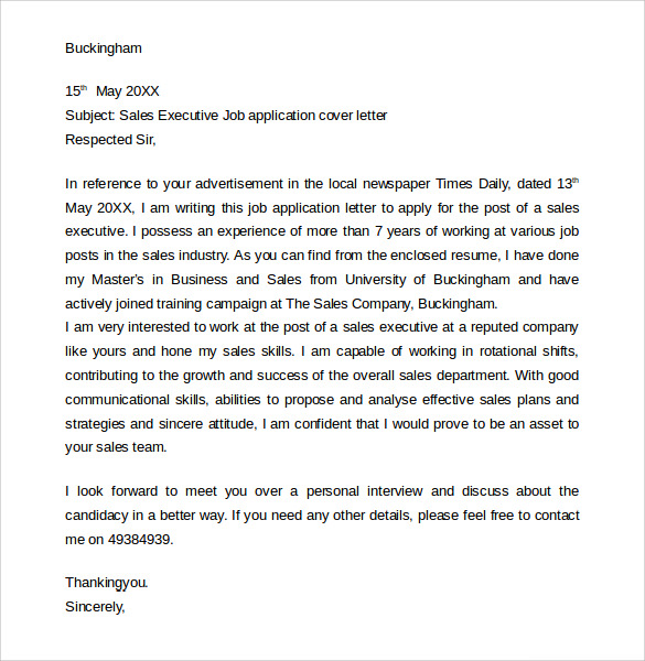 sample of standard job application letter