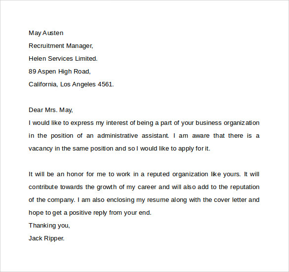 sample administrative assistant cover letter