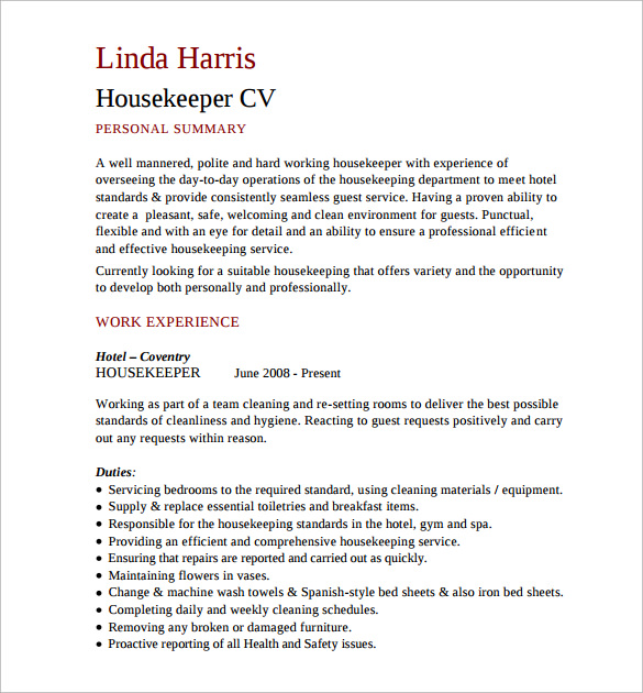 FREE 16 Sample Housekeeping Resume Templates In PDF MS Word