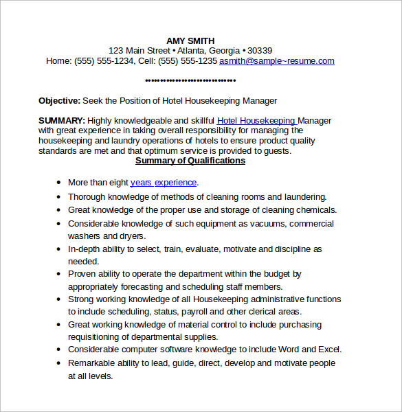 hotel housekeeping manager resume