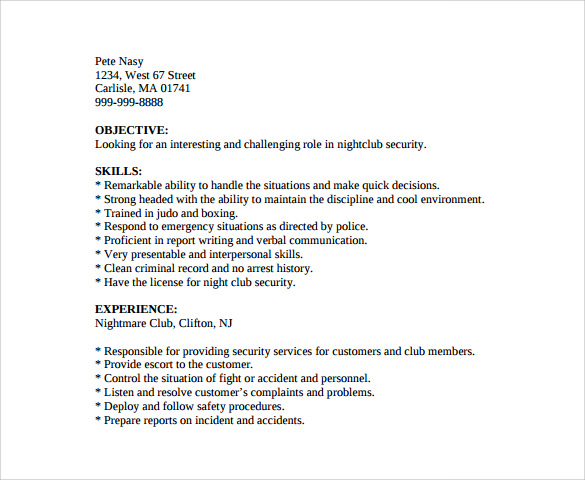 sample security guard resume 