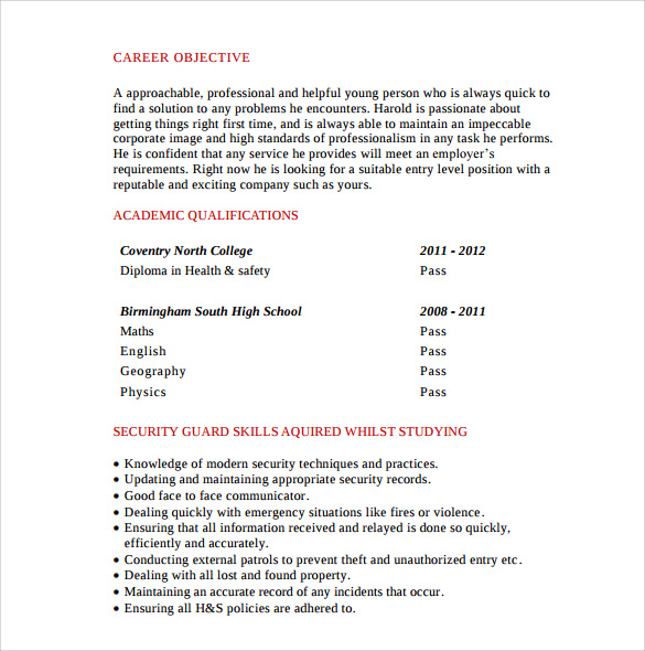 Free 7 Sample Security Guard Resume Templates In Pdf Ms Word