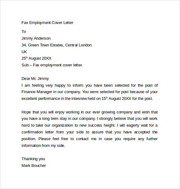 cover letter for a fax sample