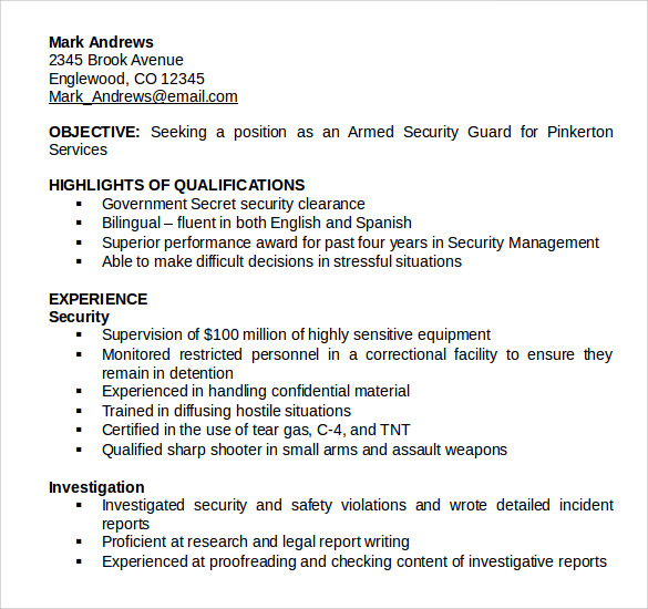 8 Security Guard Resume Templates to Download Sample Templates