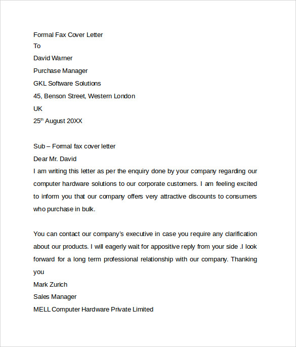 formal fax cover letter