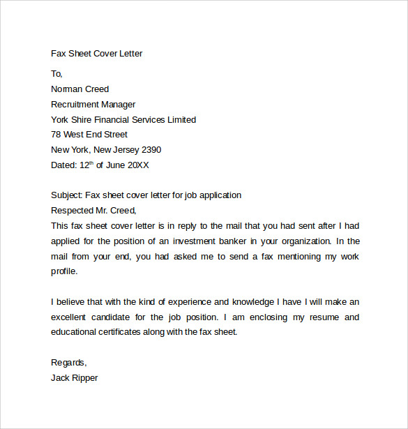 fax sheet cover letter