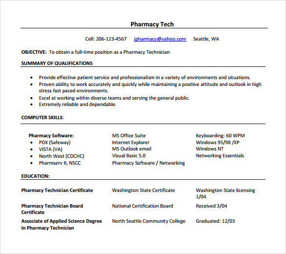 sample pharmacy technician resume