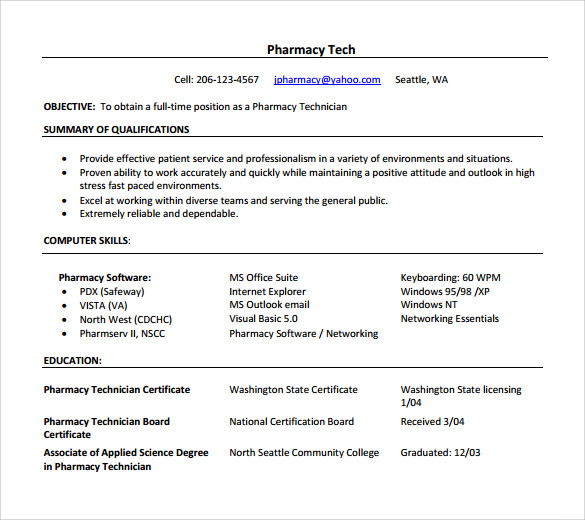 FREE 8+ Sample Pharmacy Technician Resume Templates in PDF | MS Word