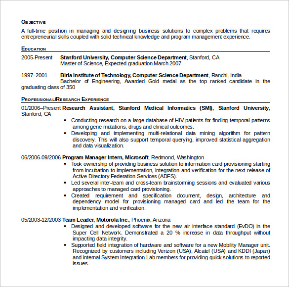 students curriculum sample vitae Download Sample 11 Computer Science Resume  Free