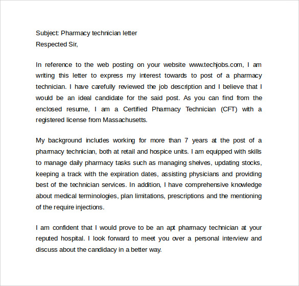 Entry Level Pharmacy Technician Cover Letter Template