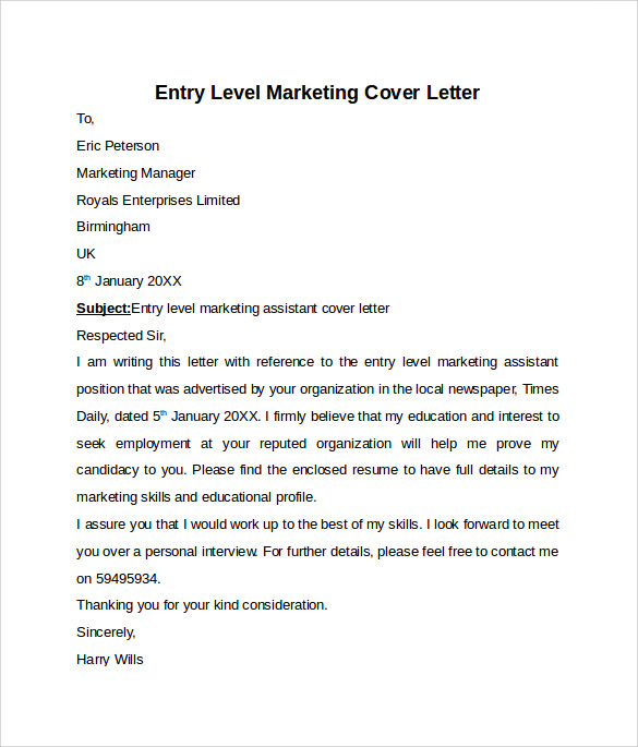 cover letter template entry level marketing