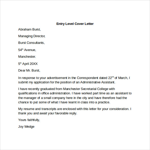 entry level cover letter to print