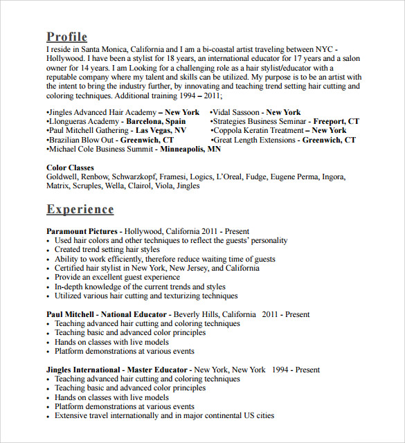 FREE 7  Sample Hair Stylist Resume Templates in PDF MS Word