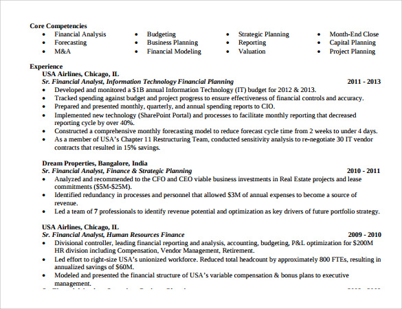 12+ Sample Financial Analyst Resumes  Sample Templates