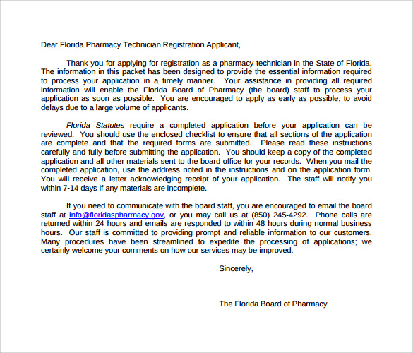 pharmacy technician registration applicant letter