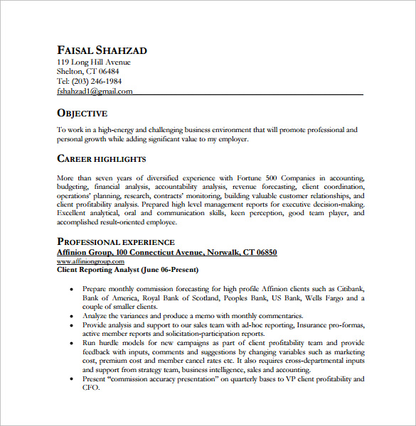 resume of financial analyst