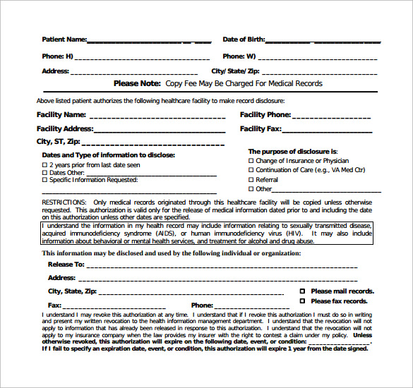 Authorization To Release Medical Records Form Sample Hq Template Documents 6098