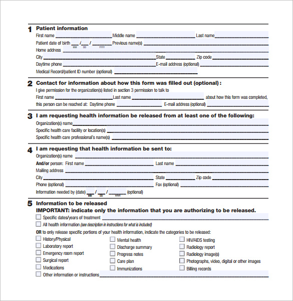 standard consent form to release health information