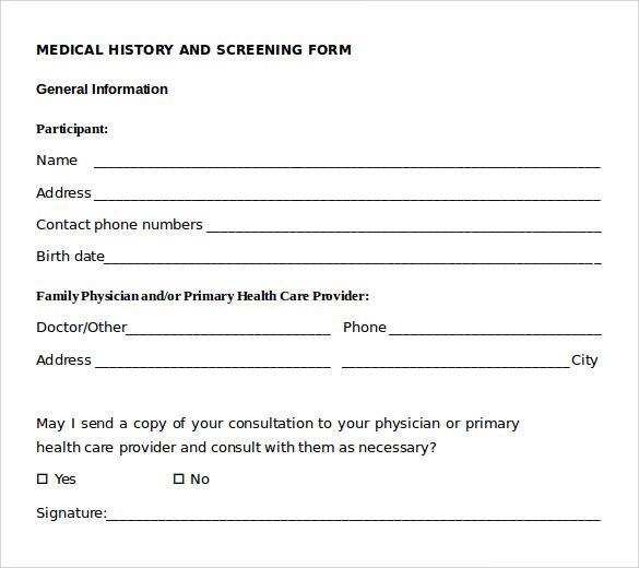 medical history and screening form 