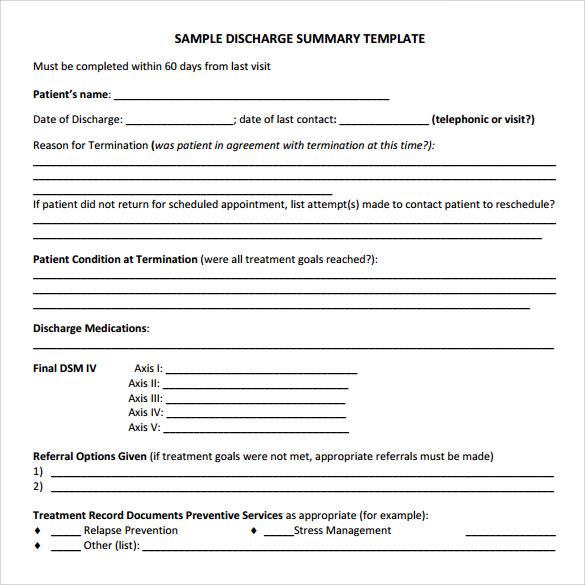 sample discharge summary template