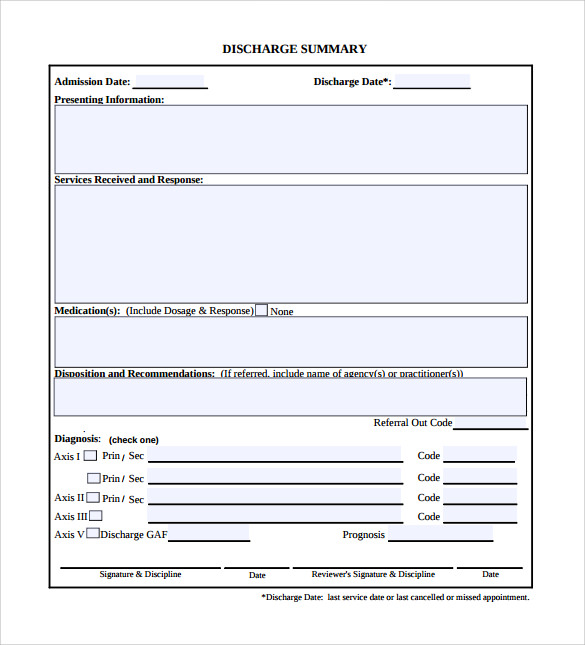 printable discharge summary template