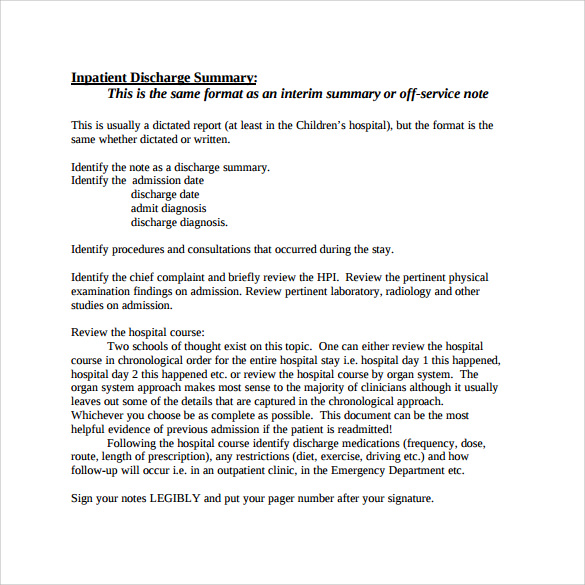 discharge summary template to print