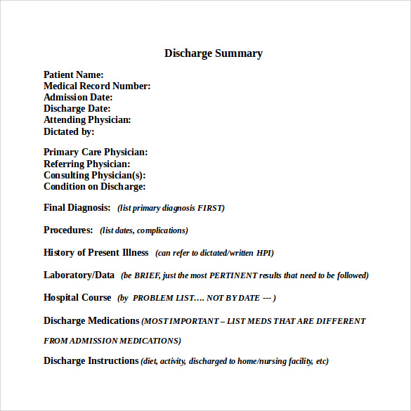 discharge summary template word