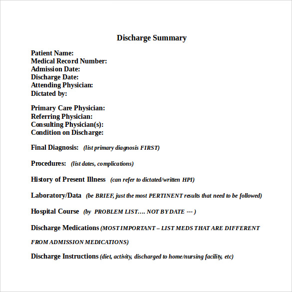 11  Discharge Summary Samples Sample Templates