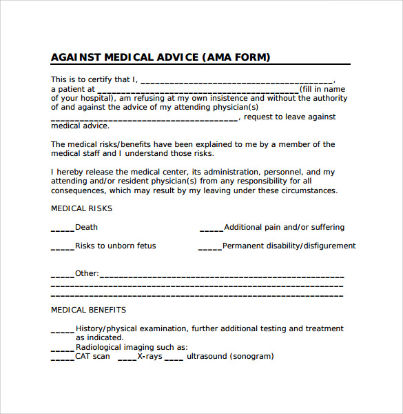 Printable Discharge Against Medical Advice Form Web Against Medical