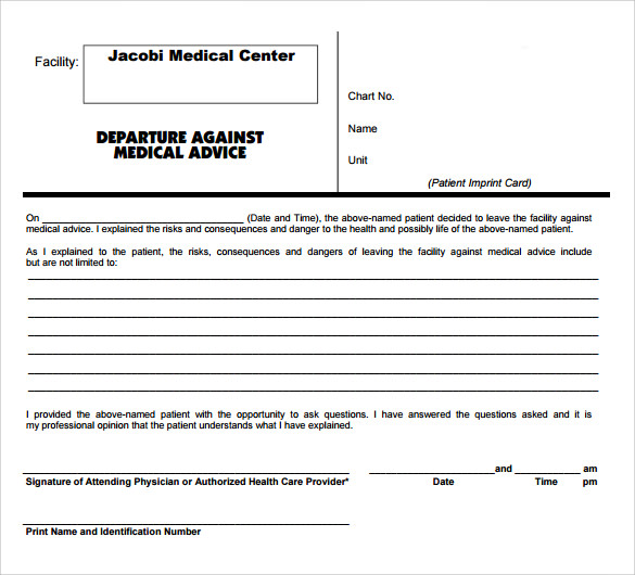 Against Medical Advice Documentation Sample HQ Template Documents