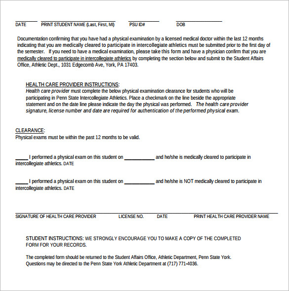 student athlete medical clearance form