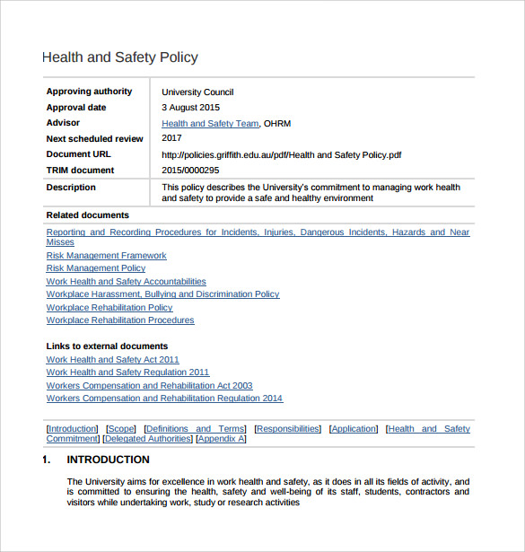 FREE 12 Health And Safety Policy Templates In Google Docs Pages MS 