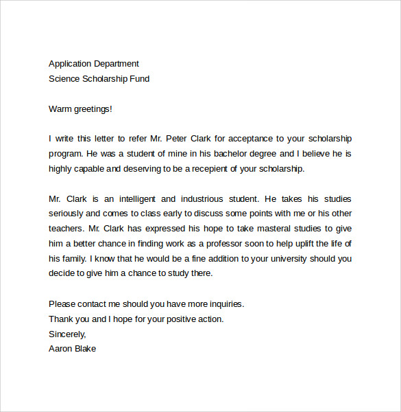 scholarship reference letter