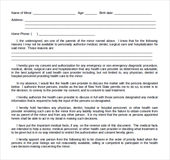 authorization form for emergency treatment