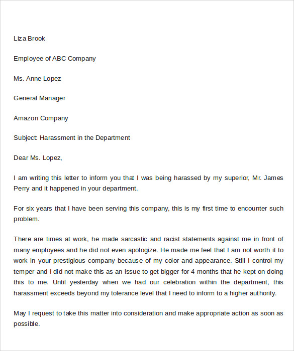 Sample Harassment Complaint Letter from images.sampletemplates.com